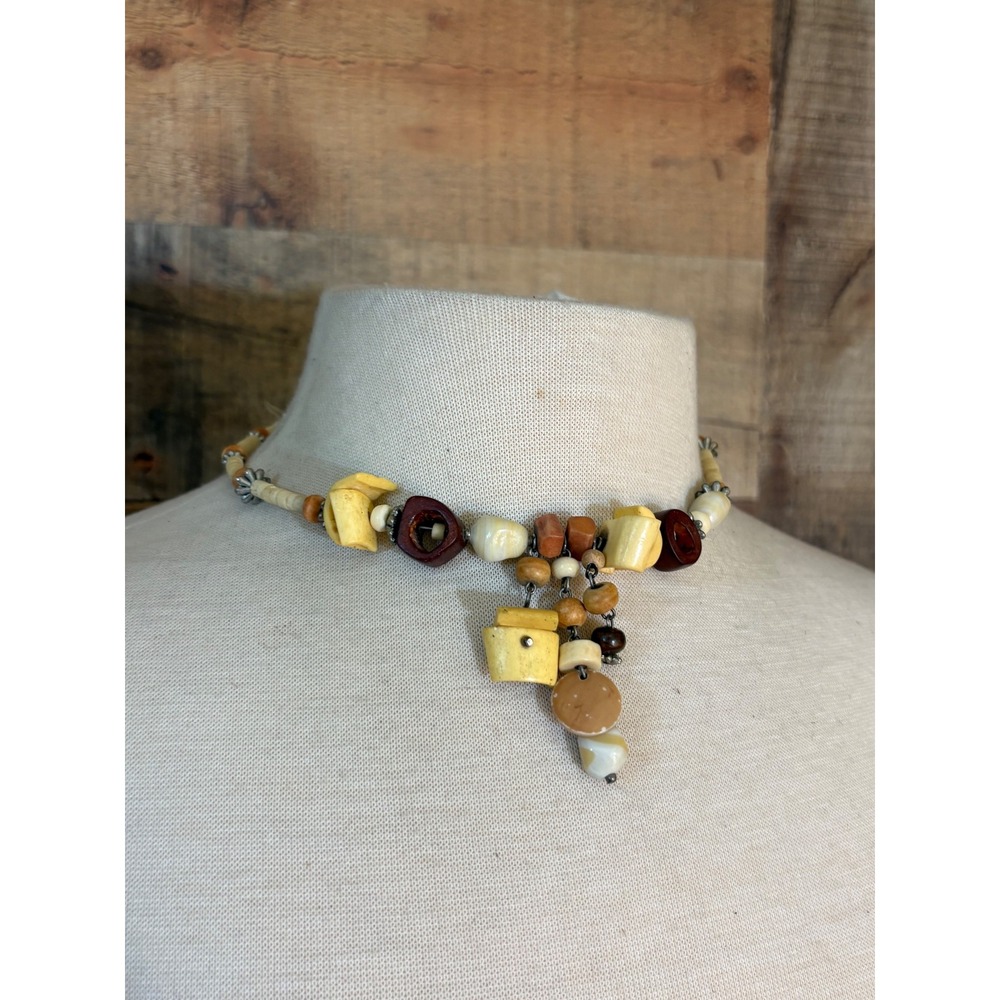 Vintage Boho Wood Shell Stone Memory Wire Choker Necklace Earth Tones